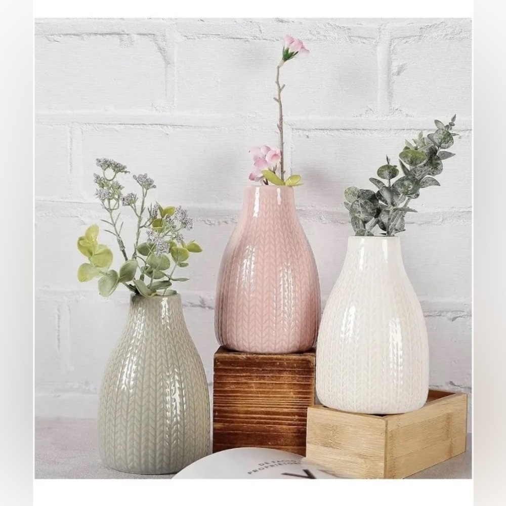 Set of 3 Decorative Ceramic Vases Pink Green White
